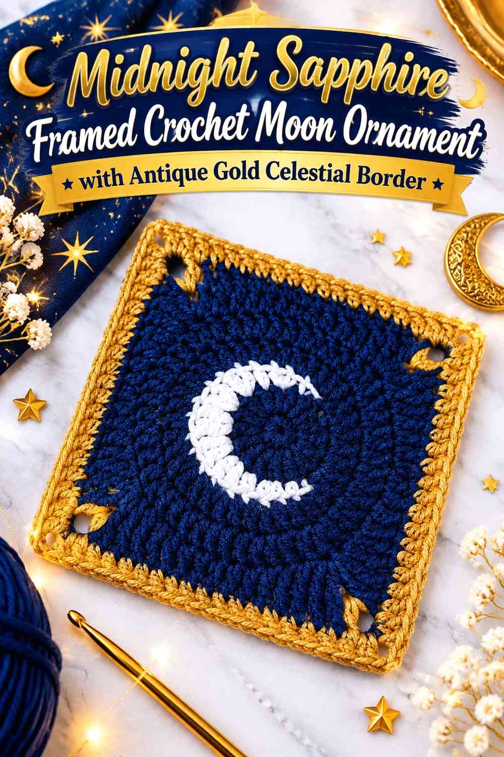 Midnight Sapphire Framed Crochet Moon Ornament with Antique Gold Celestial Border