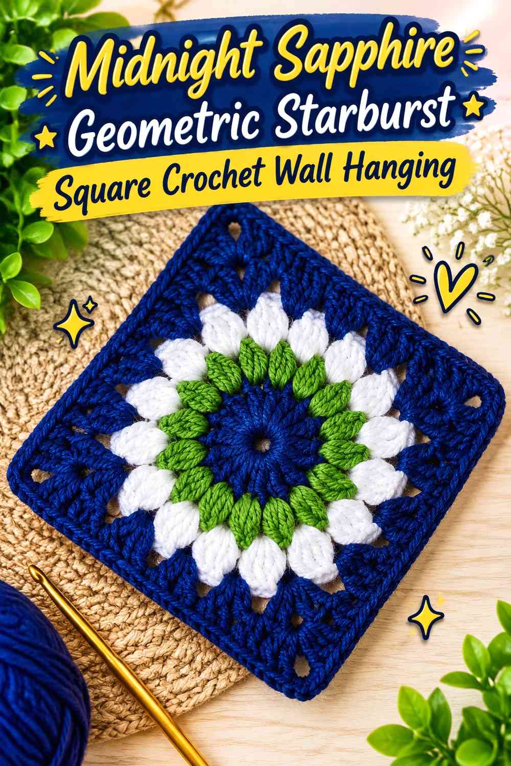 Midnight Sapphire Geometric Starburst Square Crochet Wall Hanging
