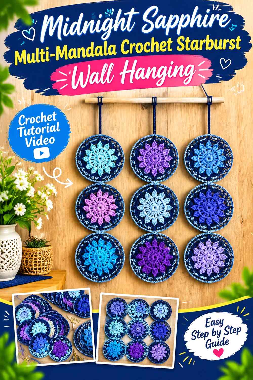 Midnight Sapphire Multi-Mandala Crochet Starburst Wall Hanging