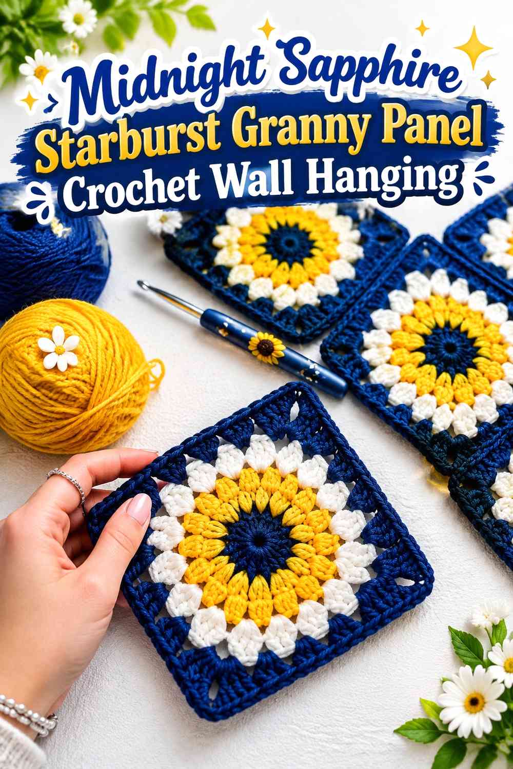 Midnight Sapphire Starburst Granny Panel Crochet Wall Hanging