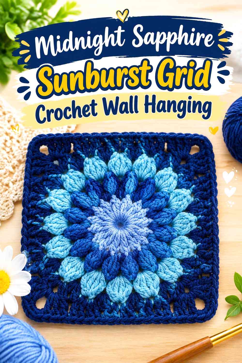Midnight Sapphire Sunburst Grid Crochet Wall Hanging