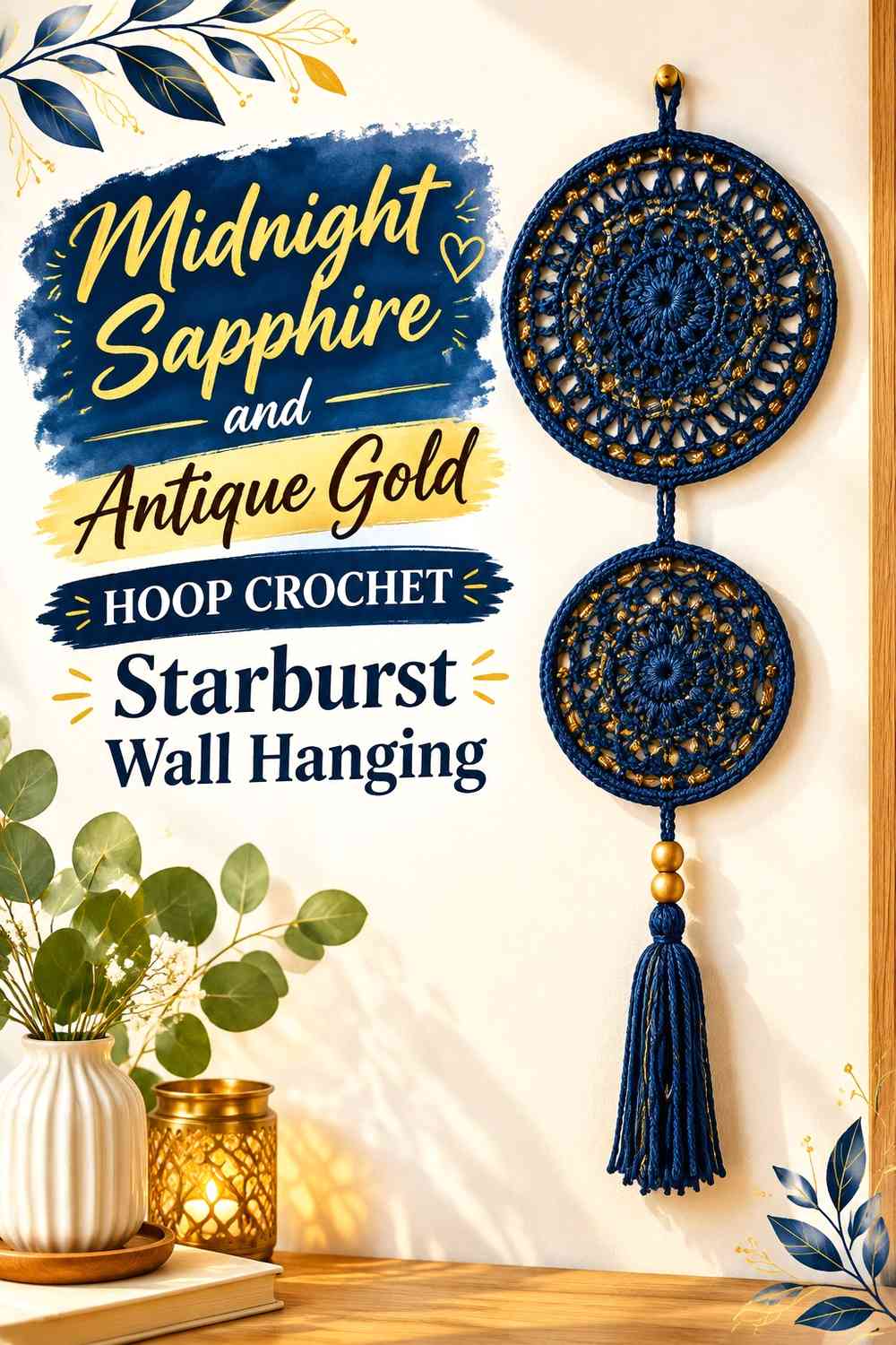 Midnight Sapphire and Antique Gold Hoop Crochet Starburst Wall Hanging
