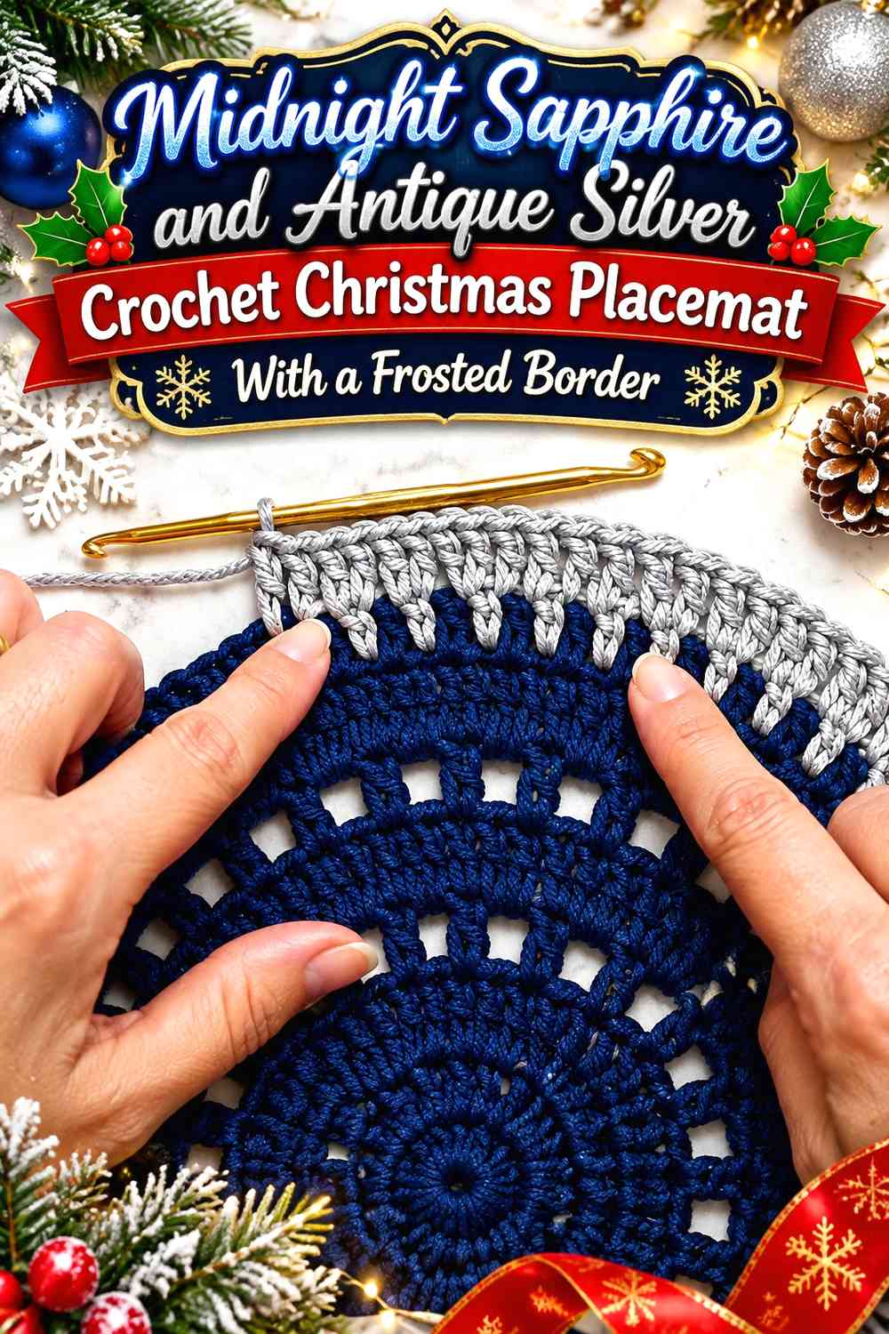 Midnight Sapphire and Antique Silver Crochet Christmas Placemat With a Frosted Border