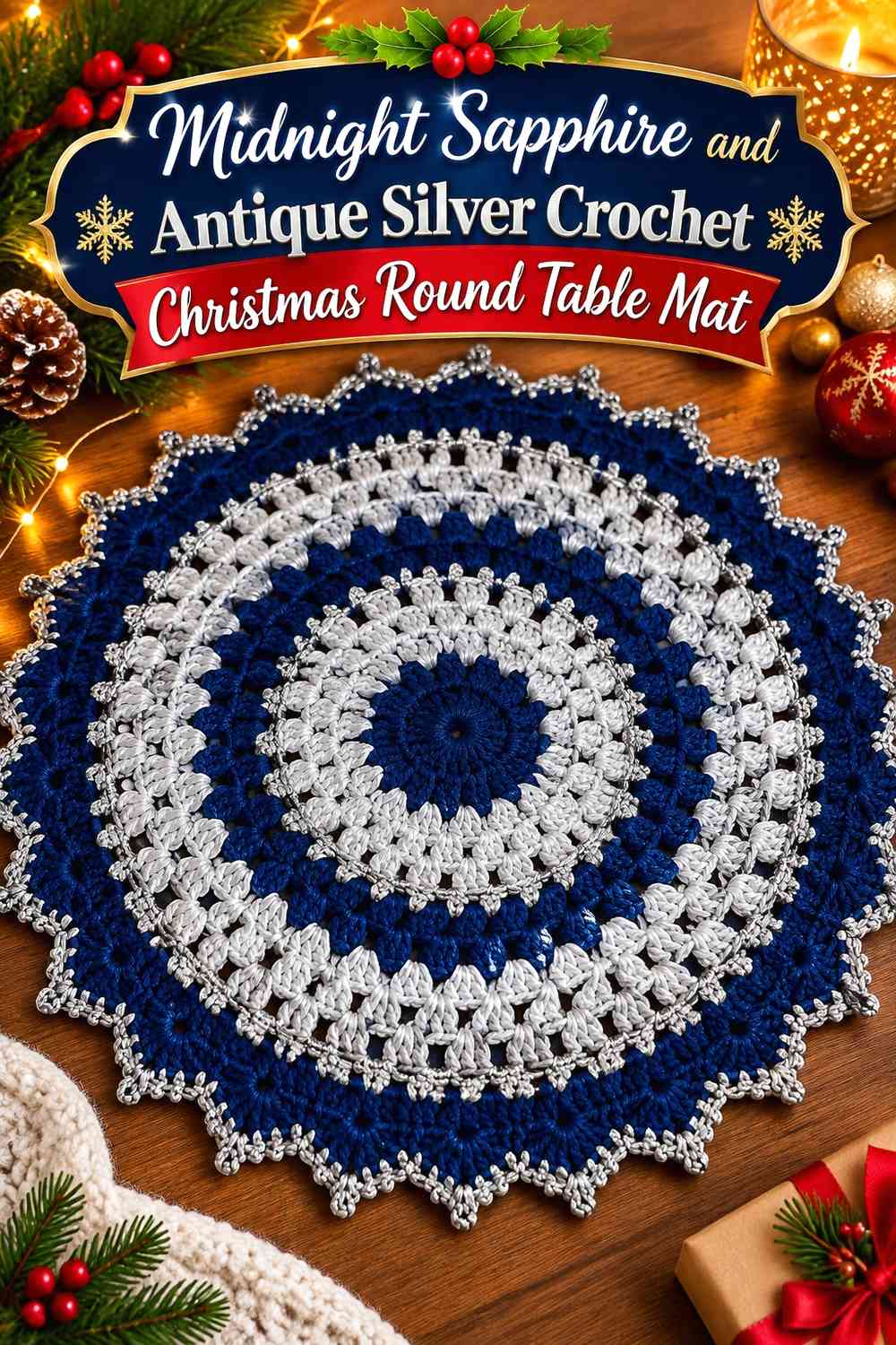 Midnight Sapphire and Antique Silver Crochet Christmas Round Table Mat