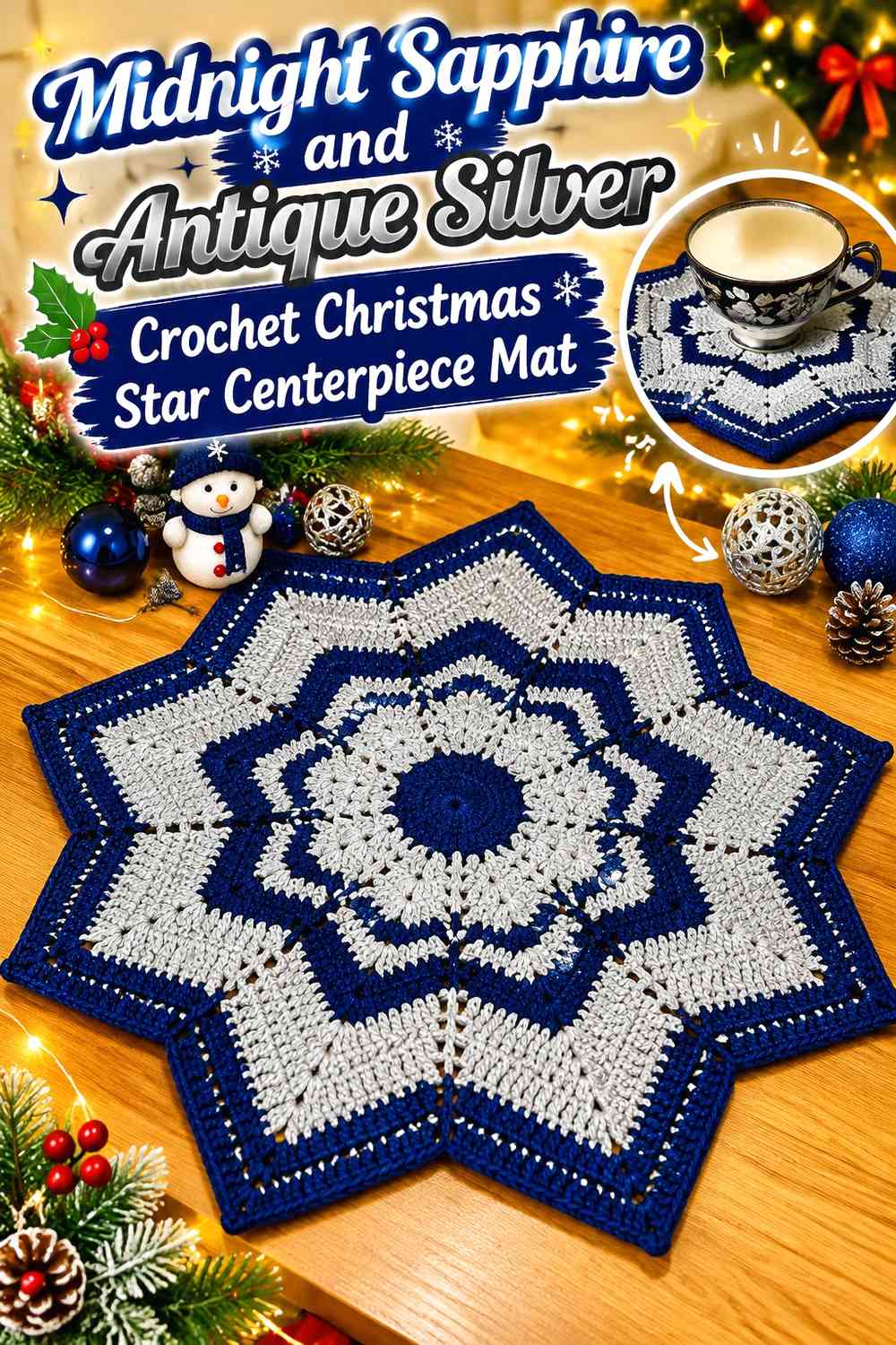 Midnight Sapphire and Antique Silver Crochet Christmas Star Centerpiece Mat