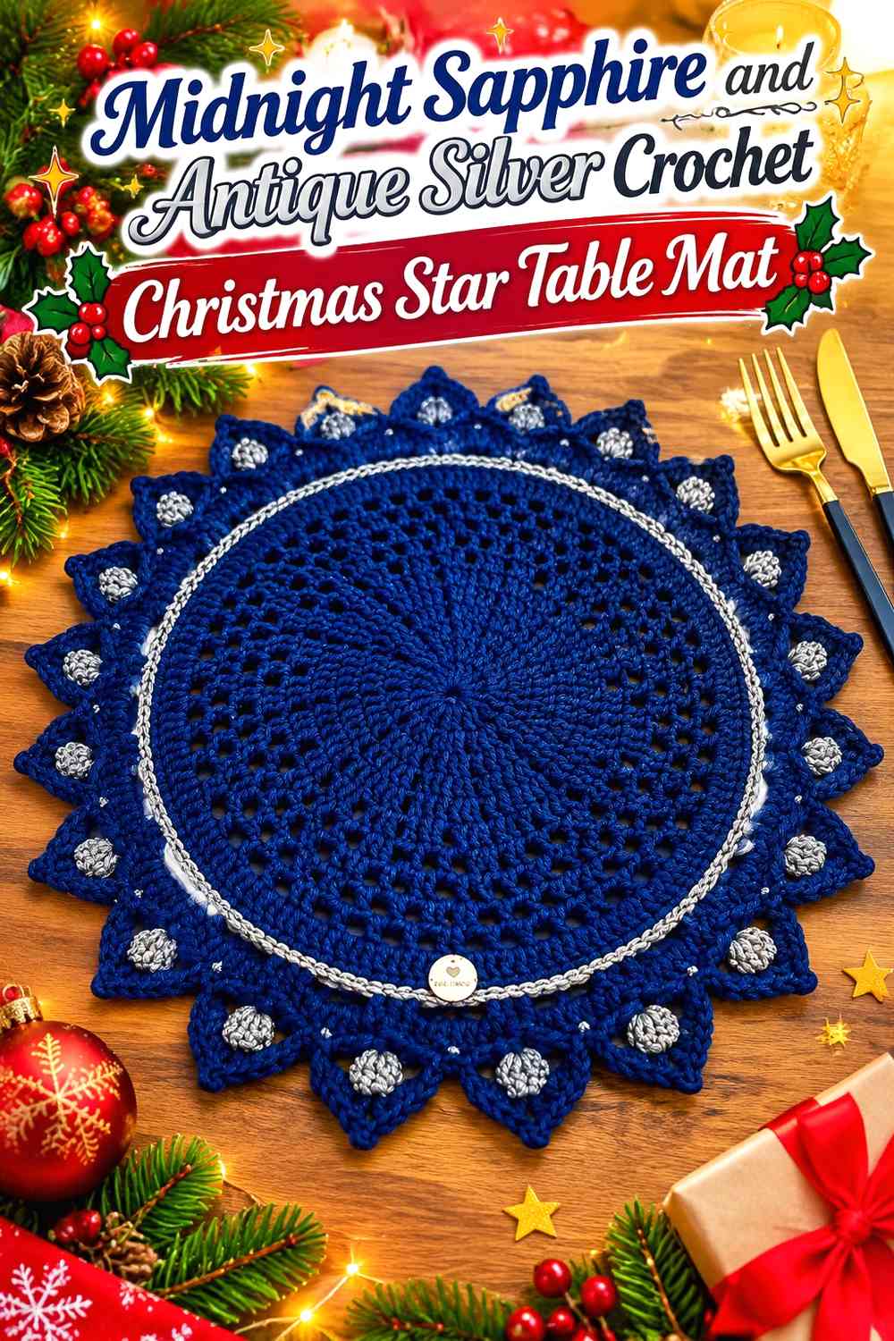 Midnight Sapphire and Antique Silver Crochet Christmas Star Table Mat