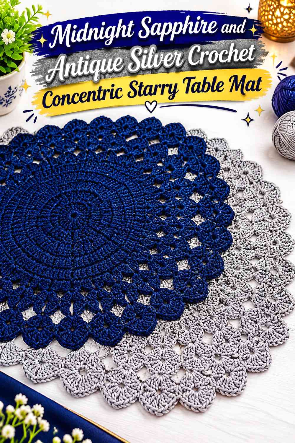 Midnight Sapphire and Antique Silver Crochet Concentric Starry Table Mat