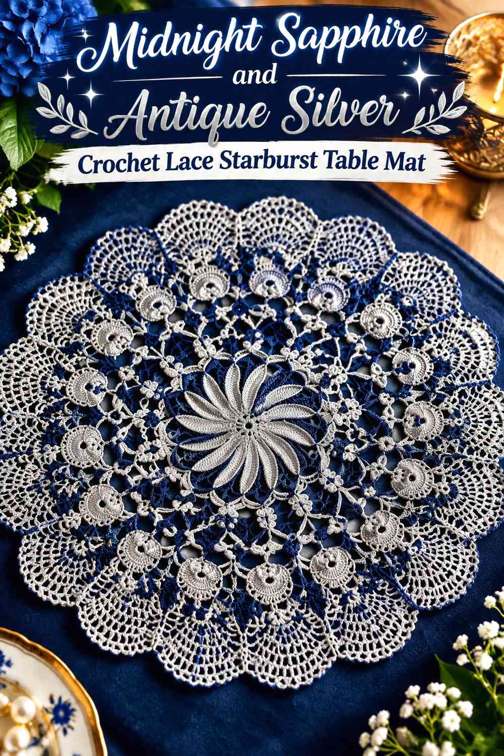Midnight Sapphire and Antique Silver Crochet Lace Starburst Table Mat