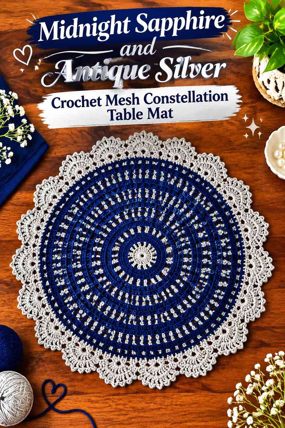 Midnight Sapphire and Antique Silver Crochet Mesh Constellation Table Mat