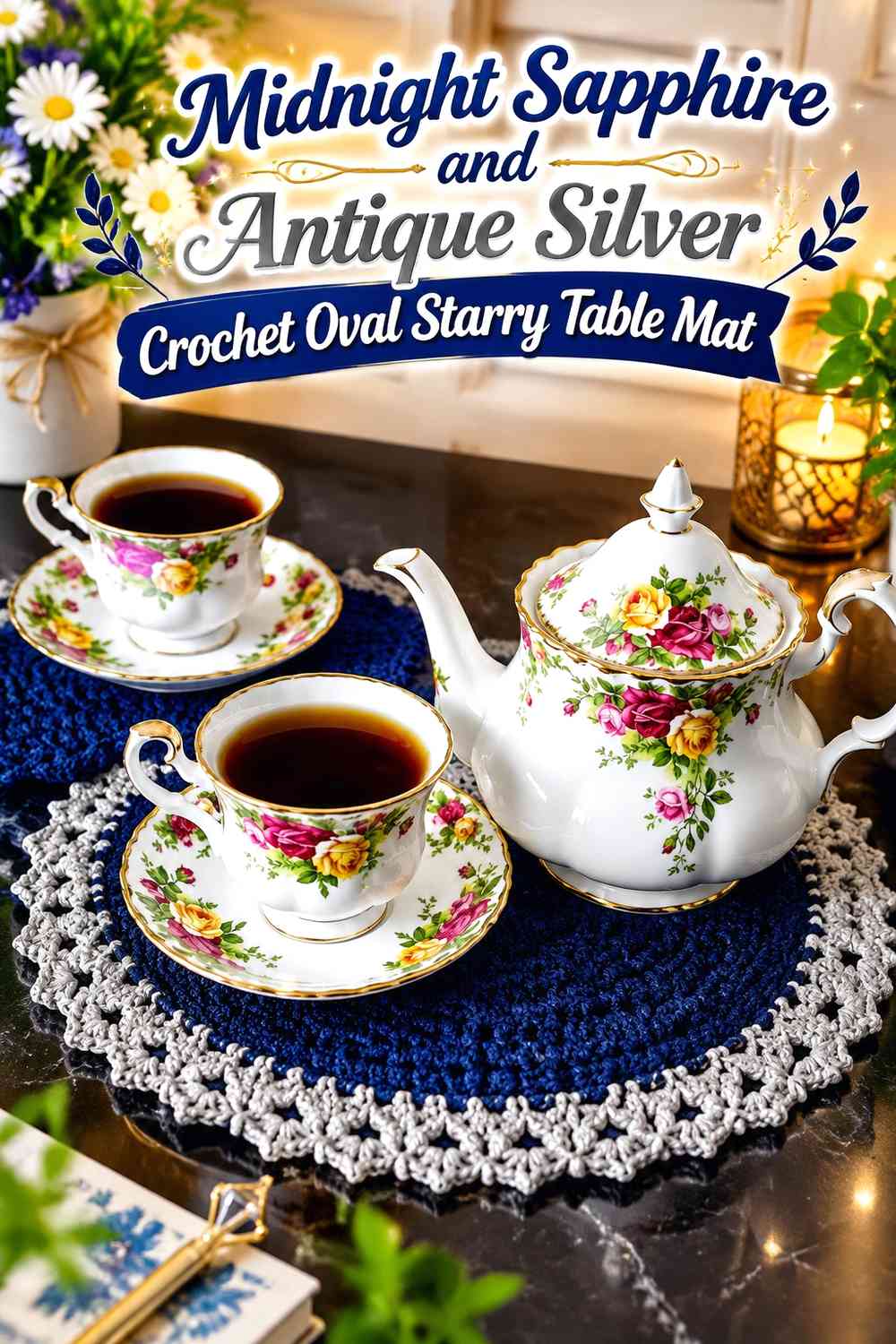 Midnight Sapphire and Antique Silver Crochet Oval Starry Table Mat