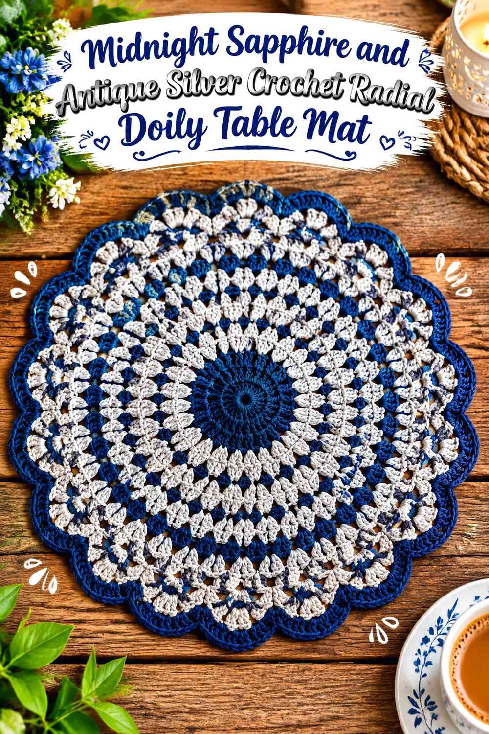 Midnight Sapphire and Antique Silver Crochet Radial Doily Table Mat
