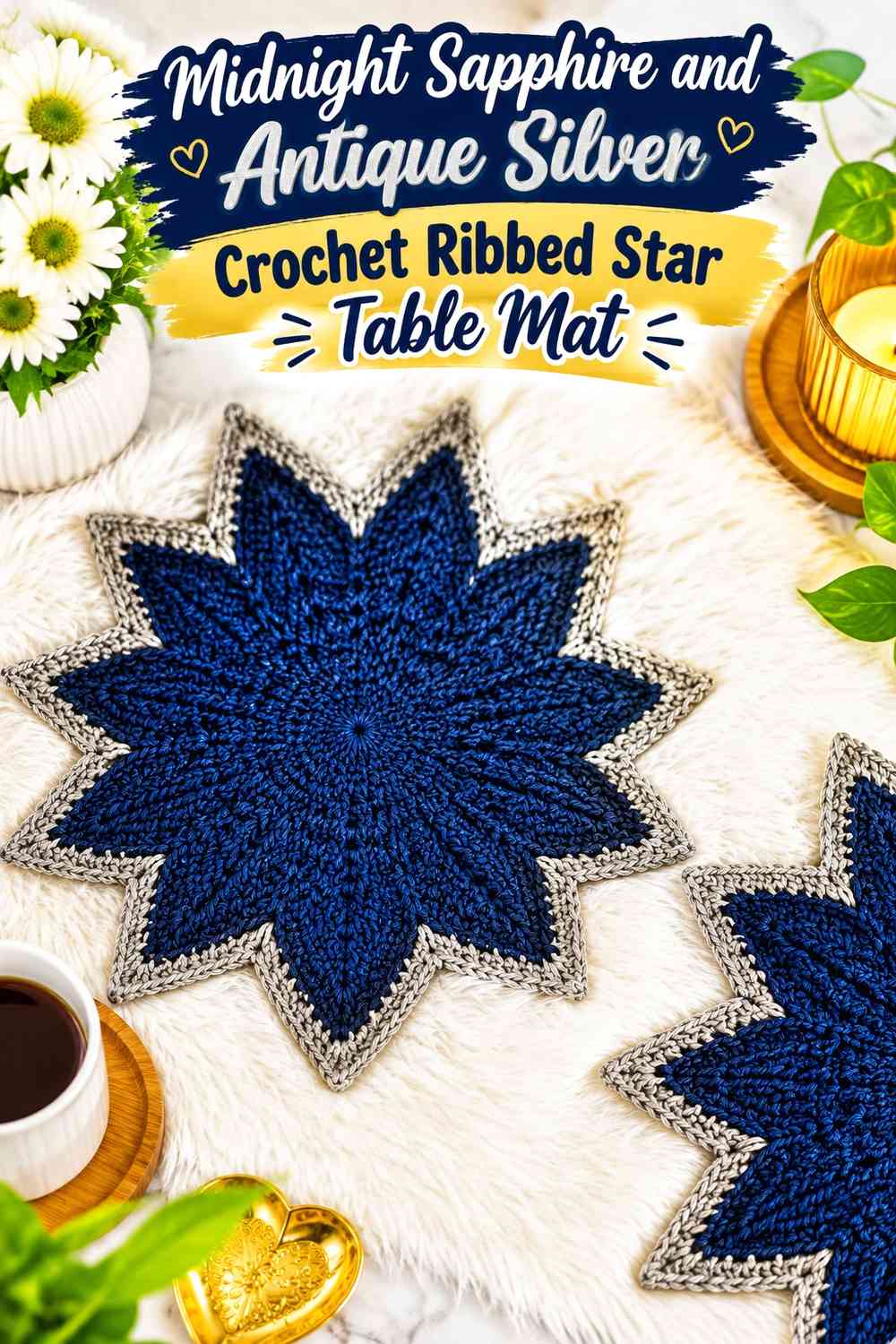 Midnight Sapphire and Antique Silver Crochet Ribbed Star Table Mat