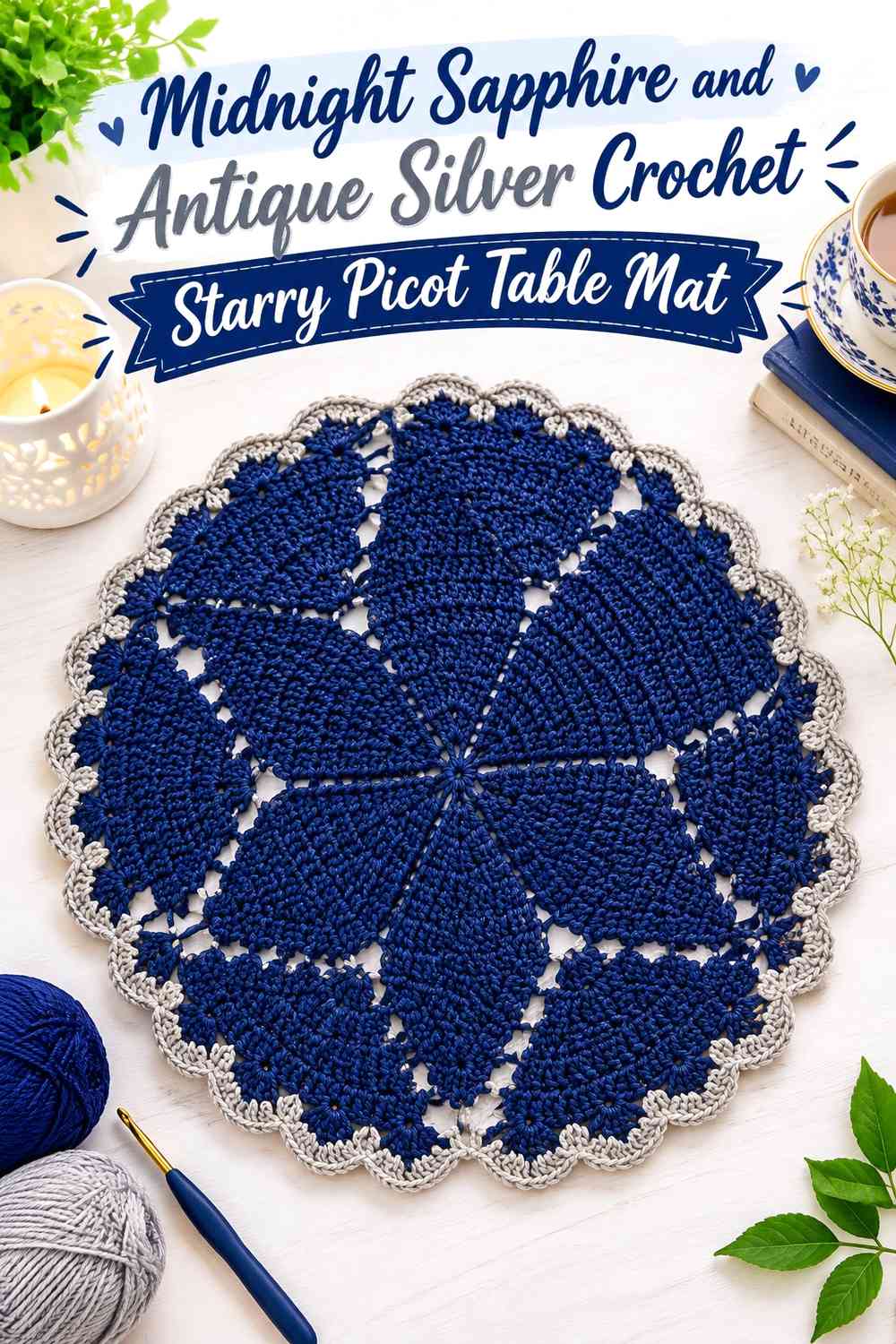 Midnight Sapphire and Antique Silver Crochet Starry Picot Table Mat