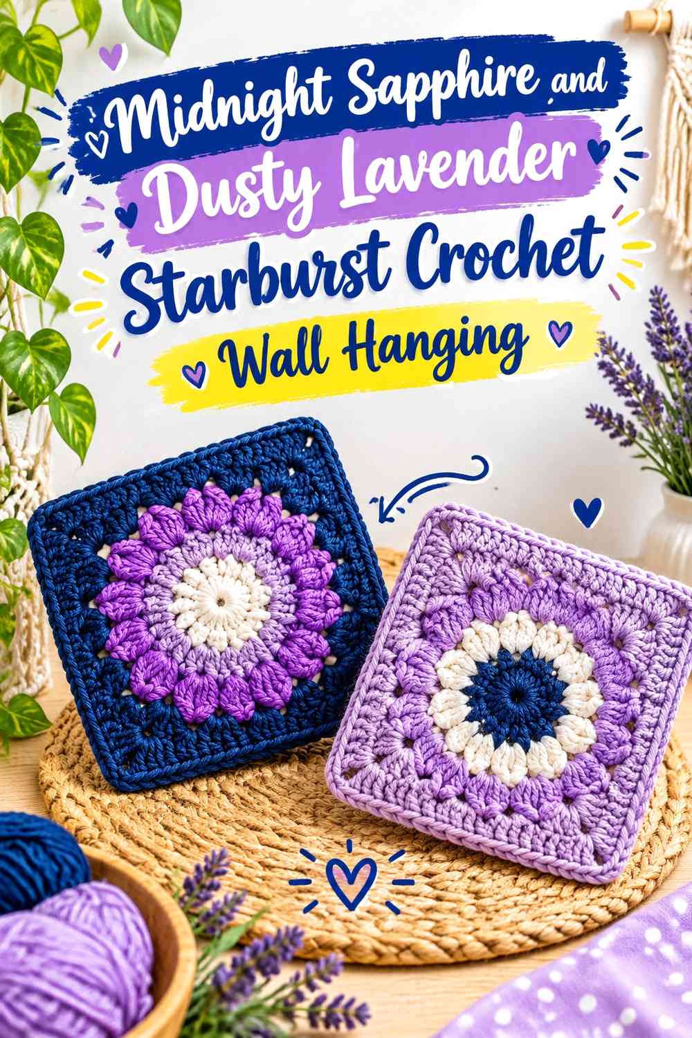 Midnight Sapphire and Dusty Lavender Starburst Crochet Wall Hanging