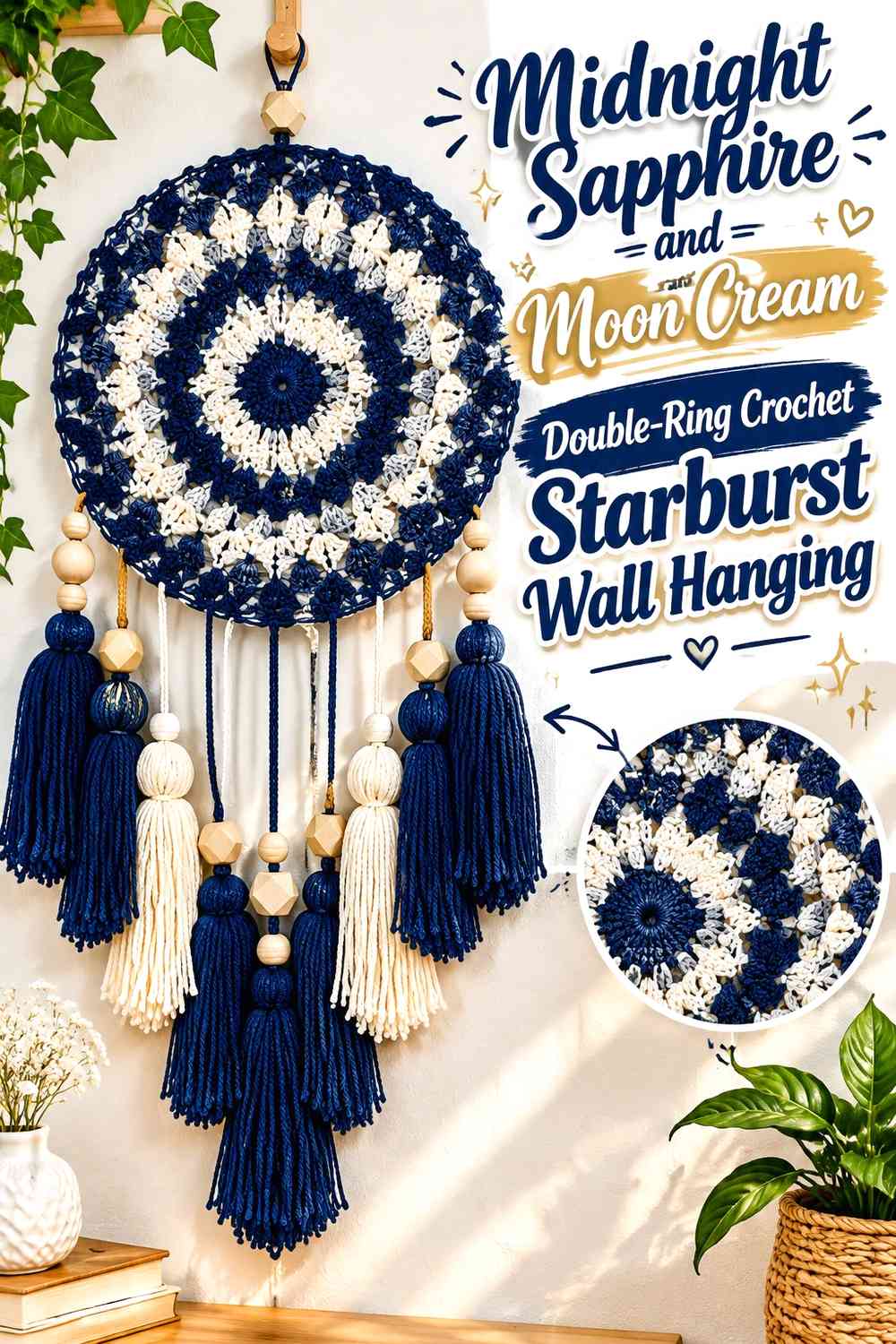 Midnight Sapphire and Moon Cream Double-Ring Crochet Starburst Wall Hanging