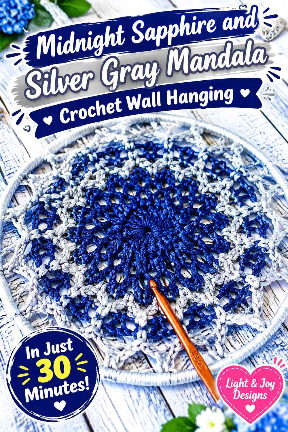 Midnight Sapphire and Silver Gray Mandala Crochet Wall Hanging