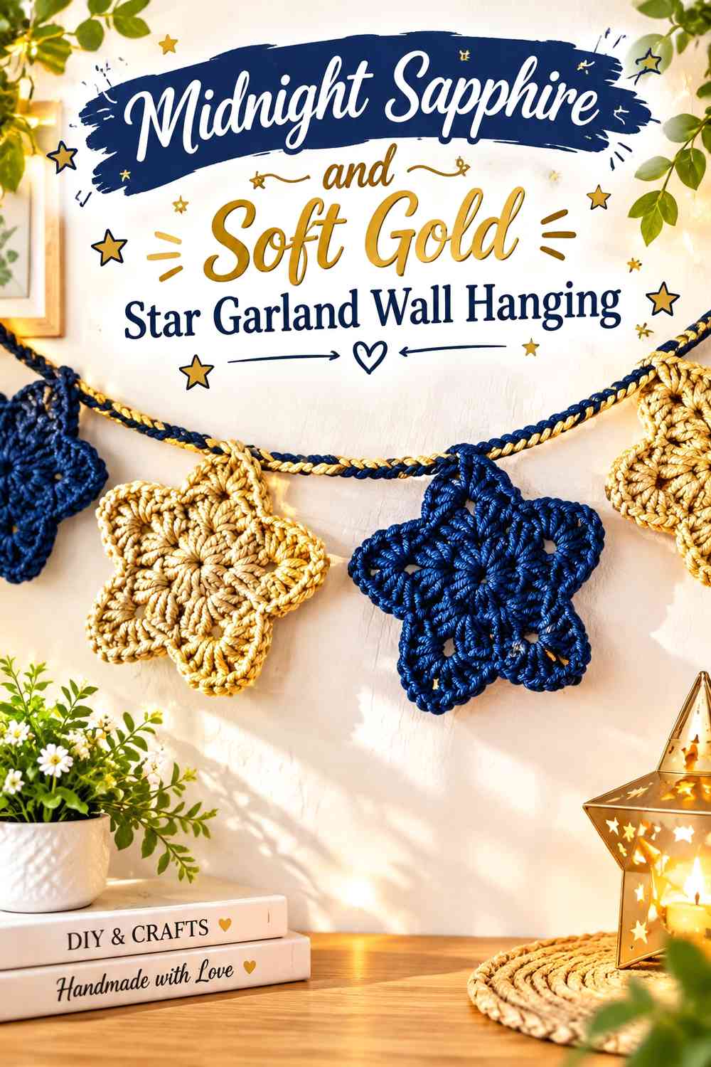 Midnight Sapphire and Soft Gold Star Garland Wall Hanging