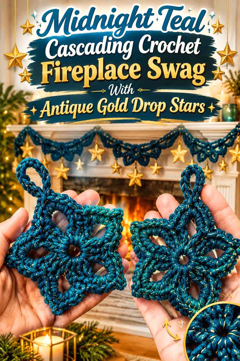 Midnight Teal Cascading Crochet Fireplace Swag With Antique Gold Drop Stars