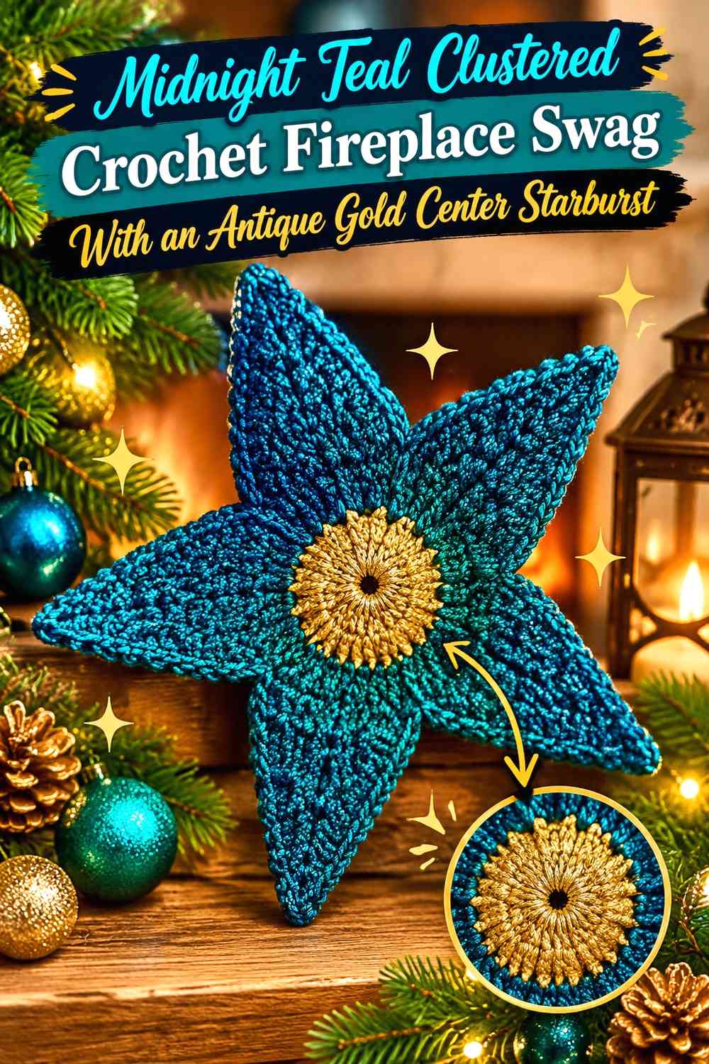 Midnight Teal Clustered Crochet Fireplace Swag With an Antique Gold Center Starburst