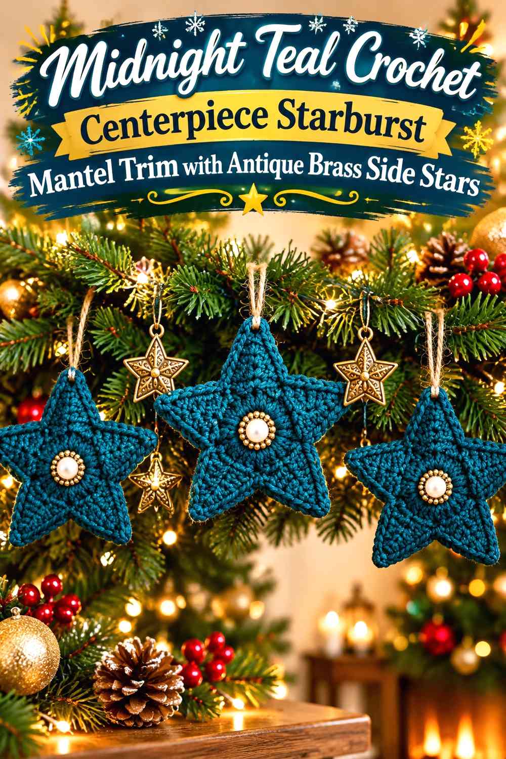 Midnight Teal Crochet Centerpiece Starburst Mantel Trim with Antique Brass Side Stars