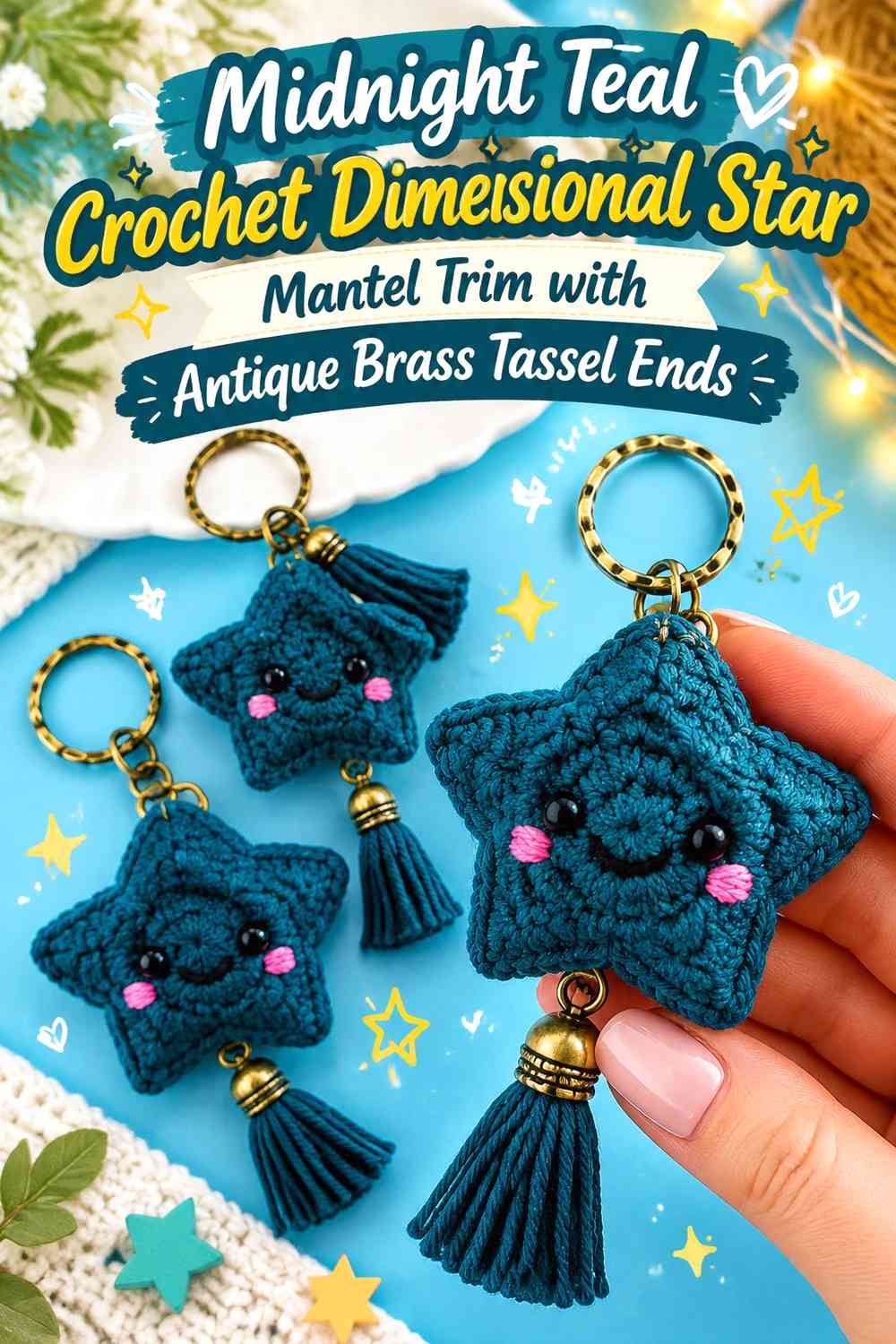 Midnight Teal Crochet Dimensional Star Mantel Trim with Antique Brass Tassel Ends