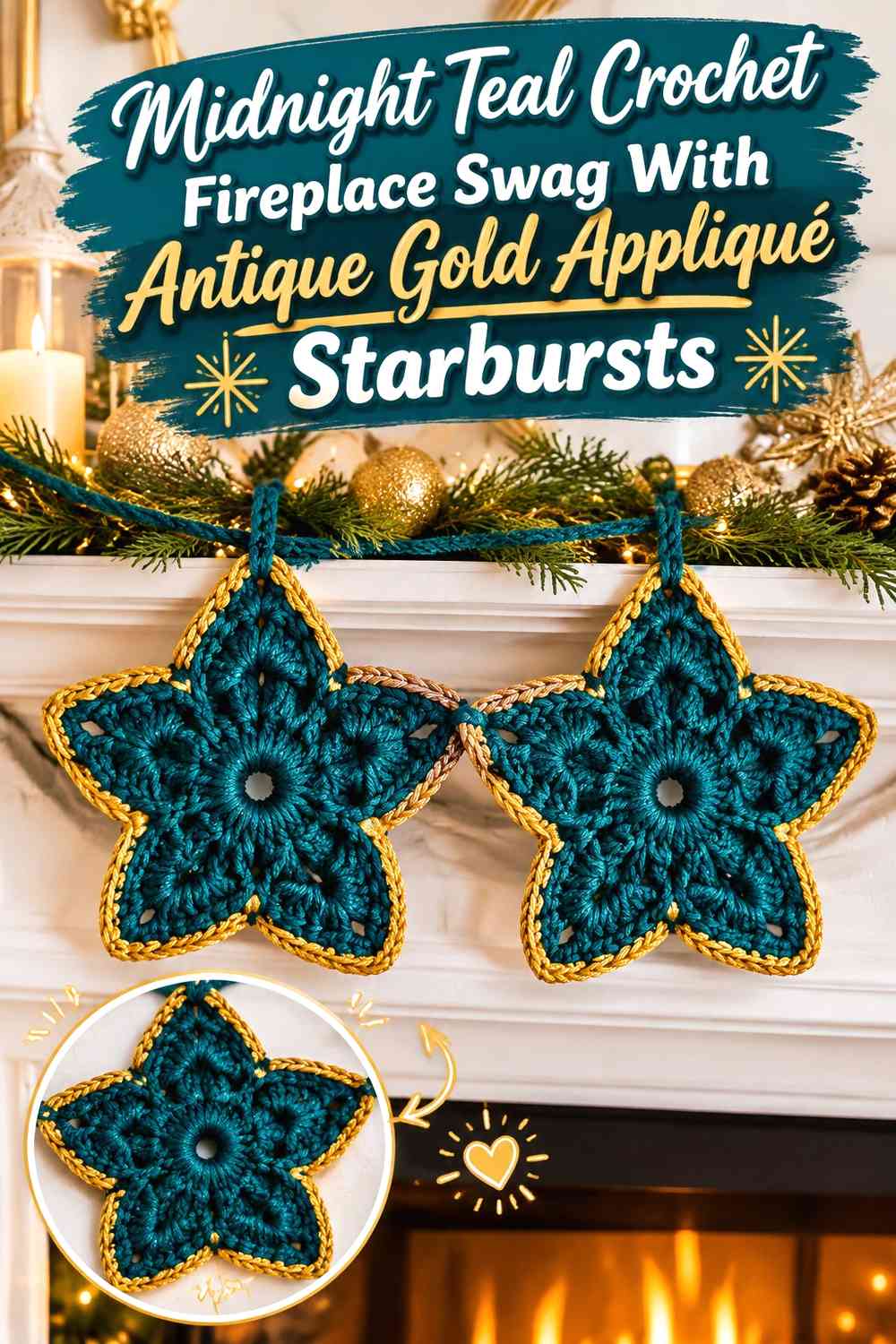 Midnight Teal Crochet Fireplace Swag With Antique Gold Appliqué Starbursts