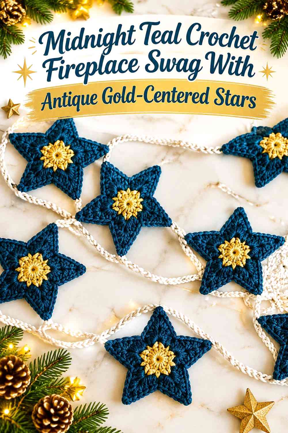 Midnight Teal Crochet Fireplace Swag With Antique Gold-Centered Stars