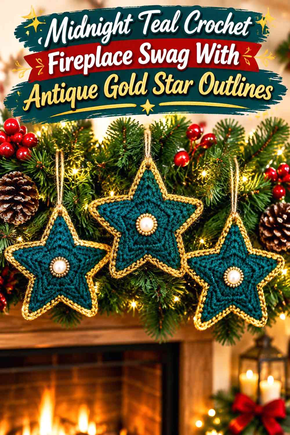 Midnight Teal Crochet Fireplace Swag With Antique Gold Star Outlines