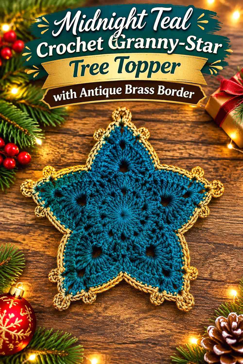 Midnight Teal Crochet Granny-Star Tree Topper with Antique Brass Border