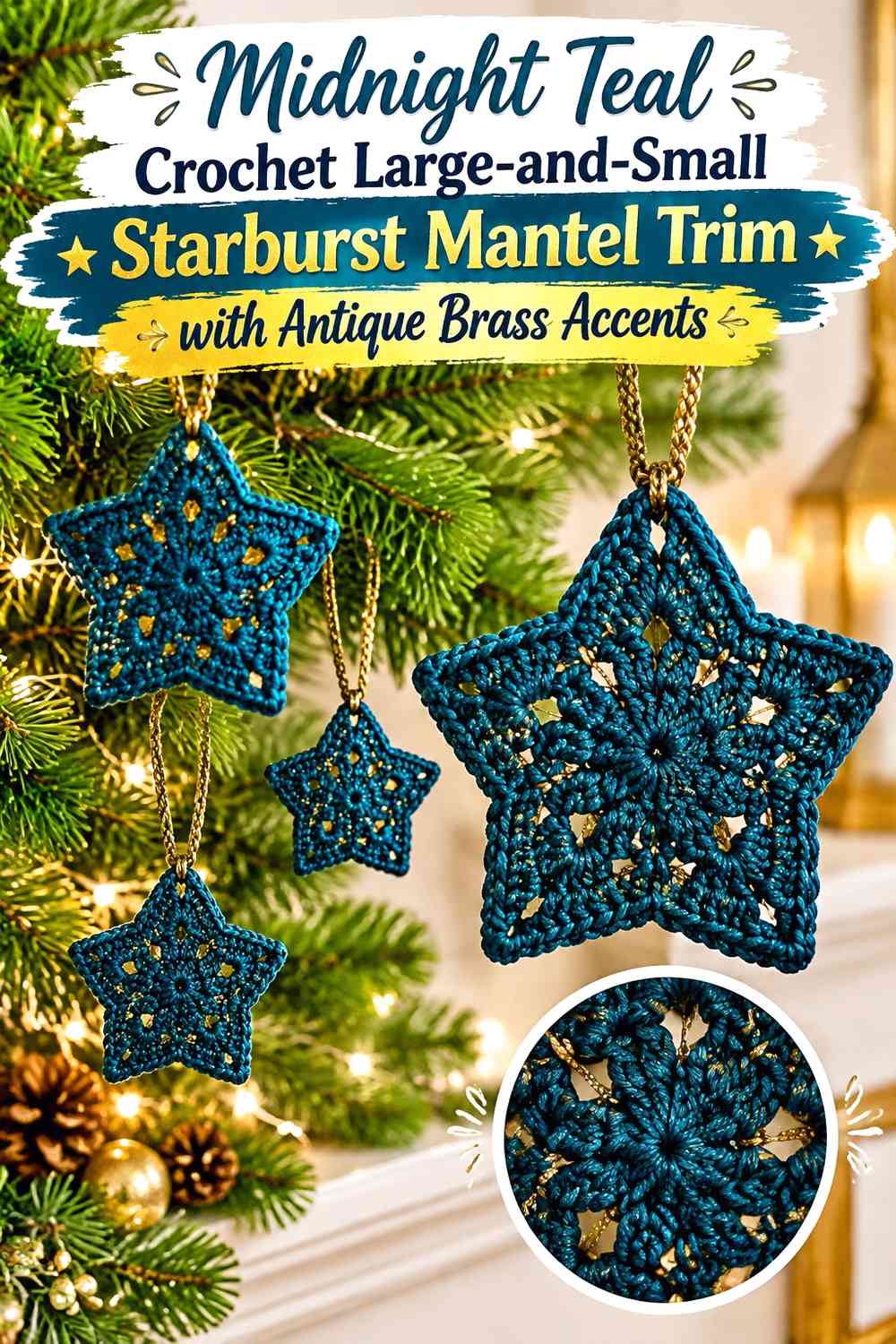Midnight Teal Crochet Large-and-Small Starburst Mantel Trim with Antique Brass Accents