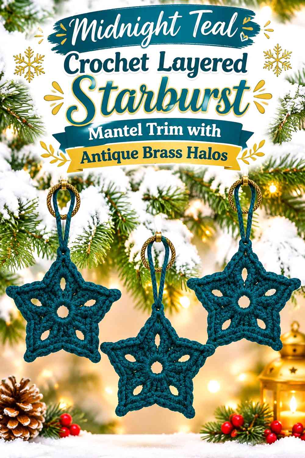 Midnight Teal Crochet Layered Starburst Mantel Trim with Antique Brass Halos