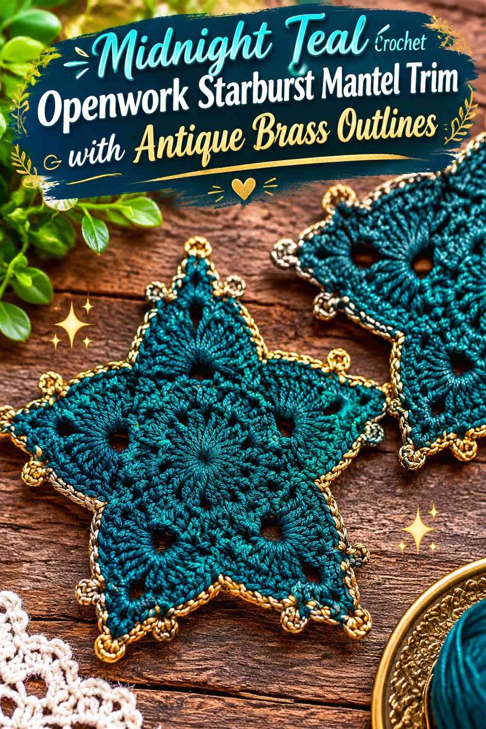 Midnight Teal Crochet Openwork Starburst Mantel Trim with Antique Brass Outlines