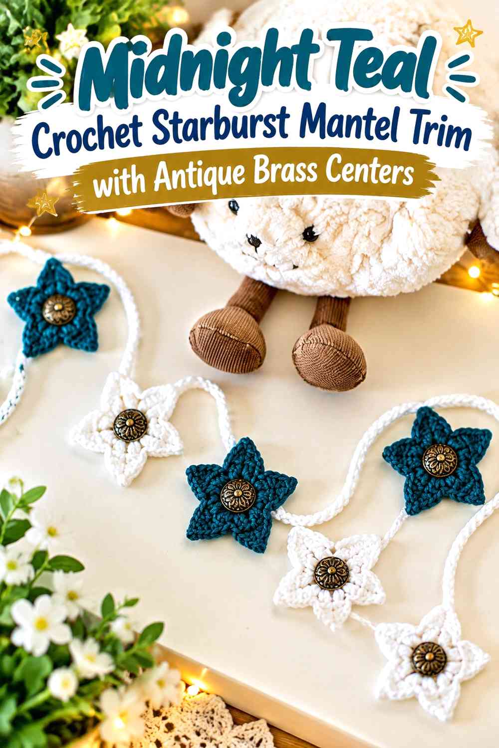 Midnight Teal Crochet Starburst Mantel Trim with Antique Brass Centers