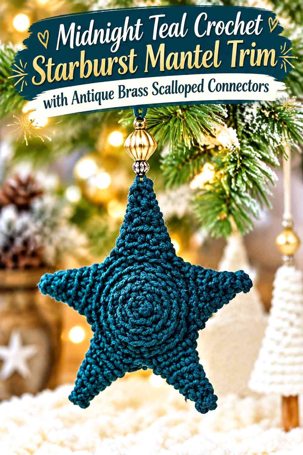 Midnight Teal Crochet Starburst Mantel Trim with Antique Brass Scalloped Connectors