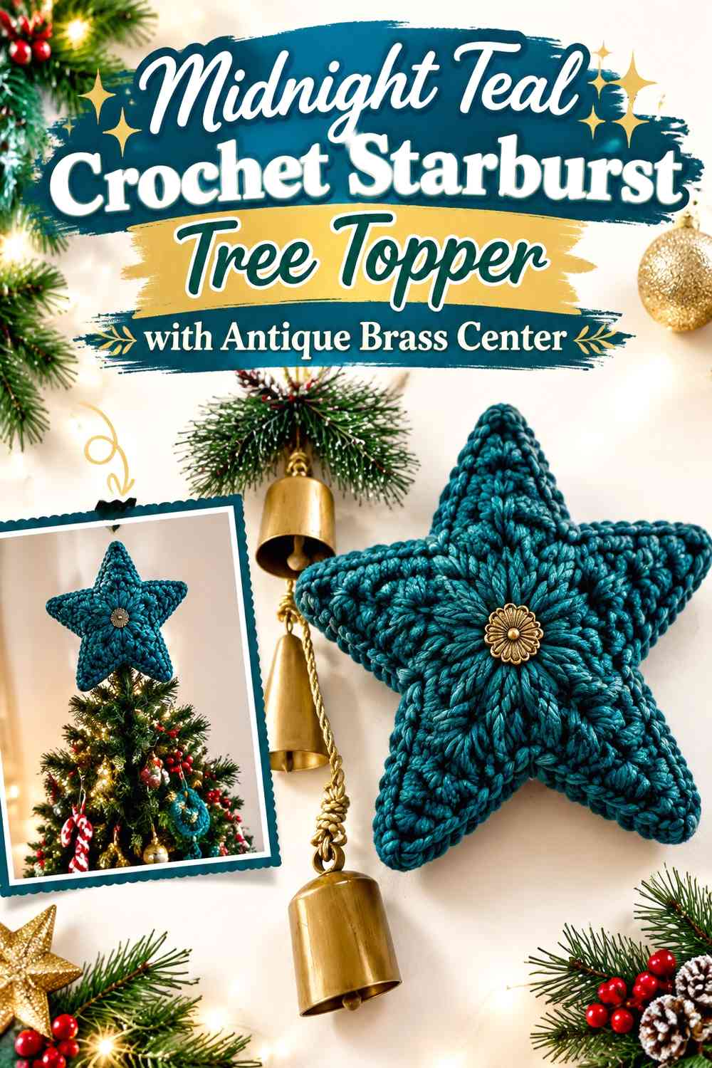 Midnight Teal Crochet Starburst Tree Topper with Antique Brass Center
