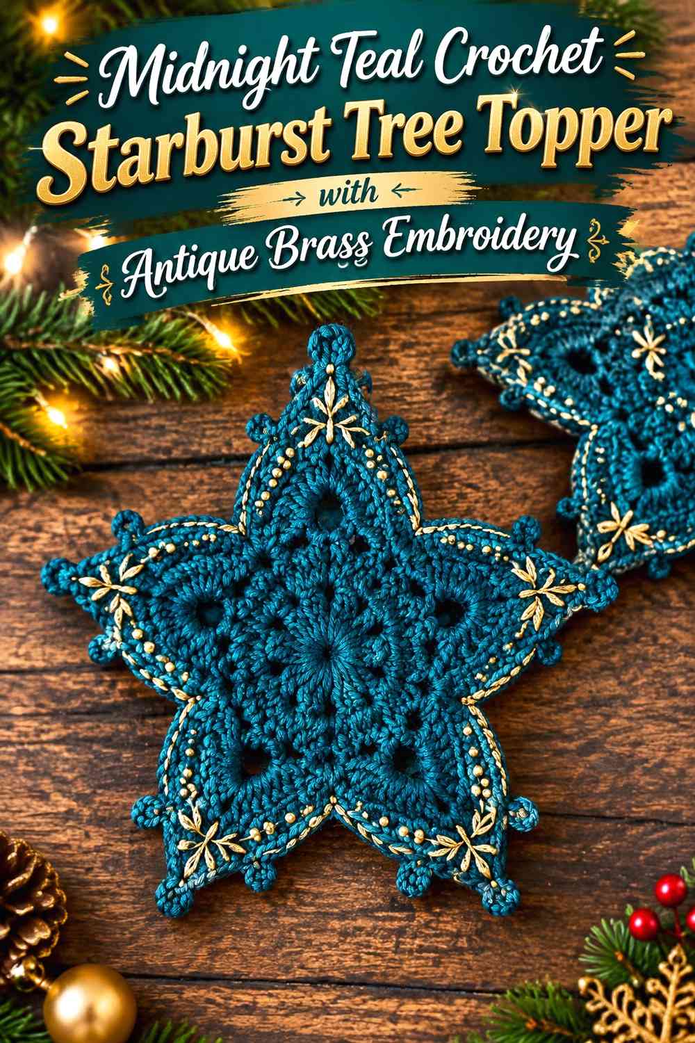 Midnight Teal Crochet Starburst Tree Topper with Antique Brass Embroidery
