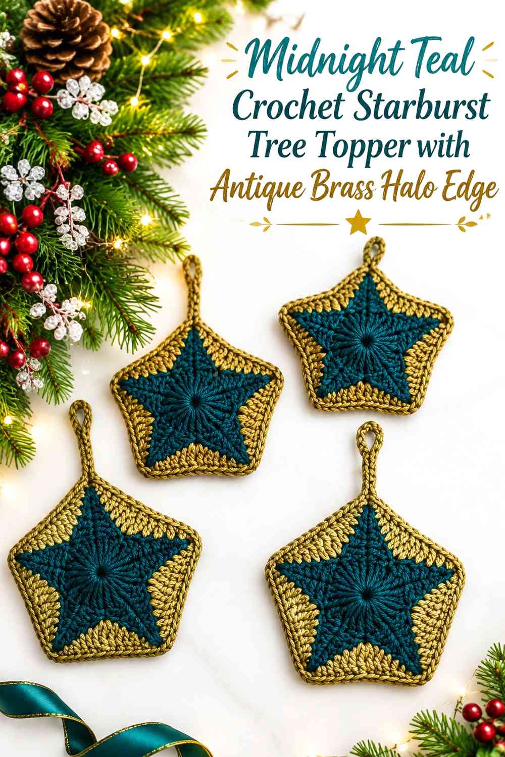 Midnight Teal Crochet Starburst Tree Topper with Antique Brass Halo Edge