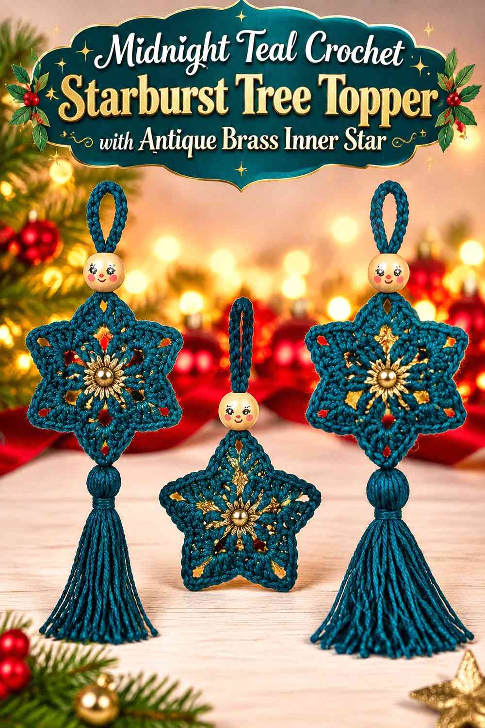 Midnight Teal Crochet Starburst Tree Topper with Antique Brass Inner Star