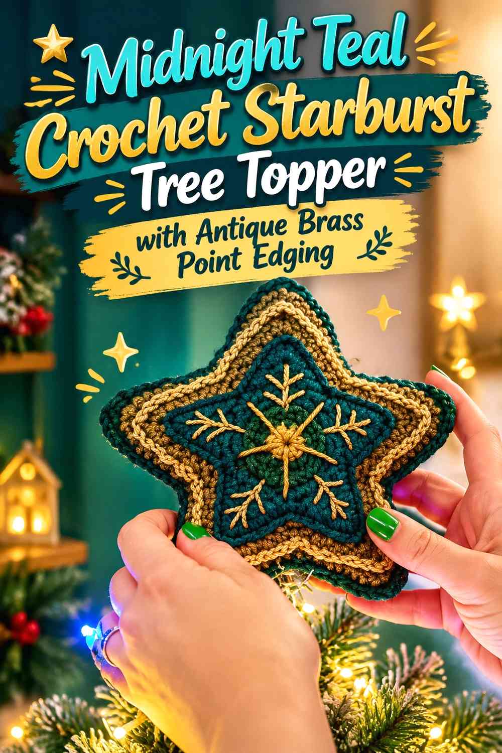 Midnight Teal Crochet Starburst Tree Topper with Antique Brass Point Edging
