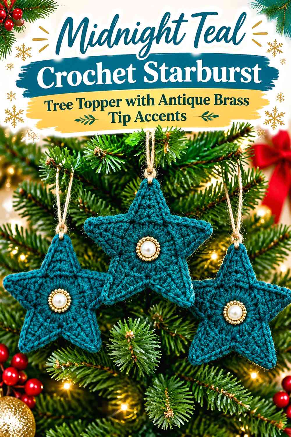 Midnight Teal Crochet Starburst Tree Topper with Antique Brass Tip Accents