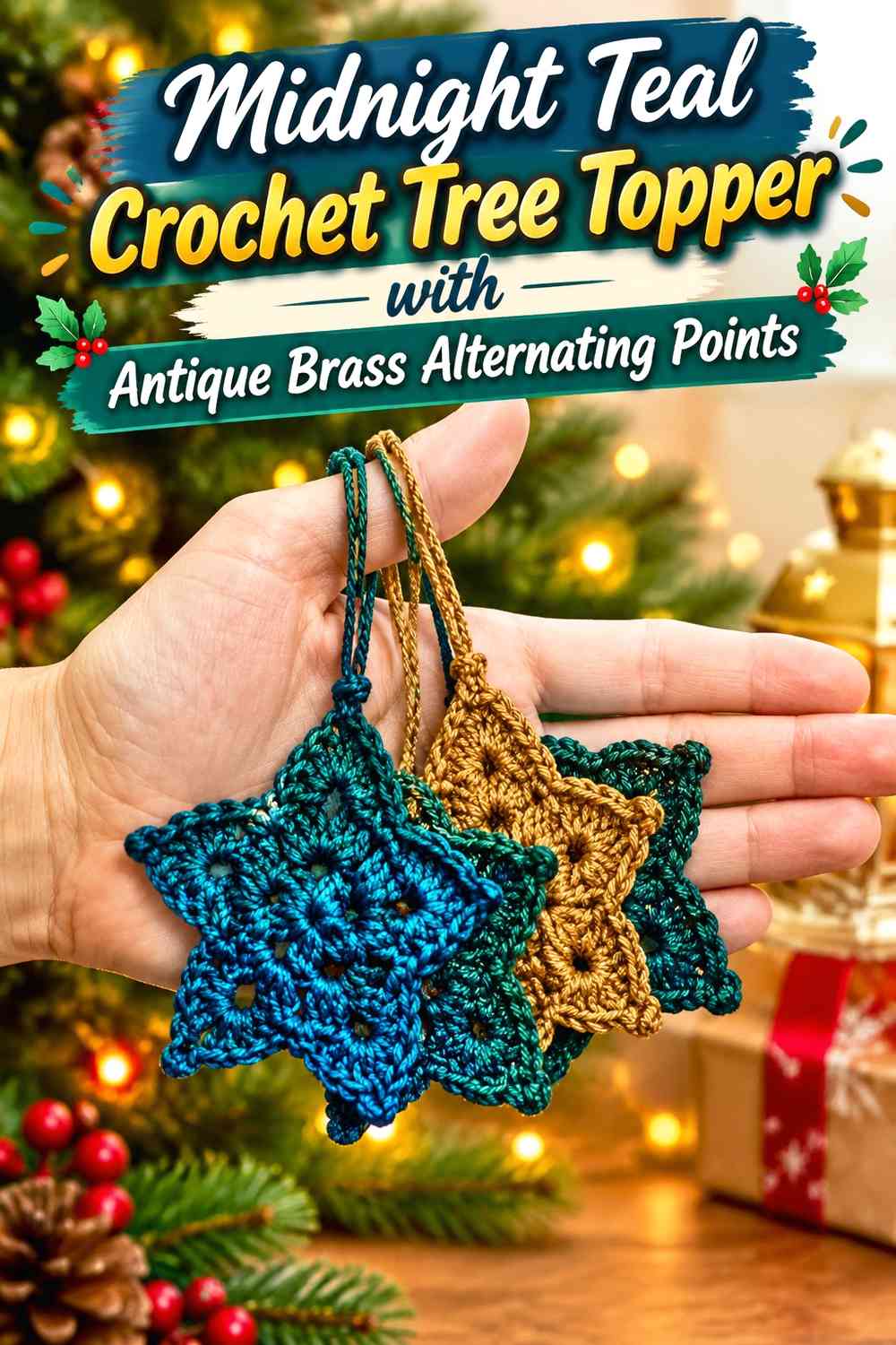 Midnight Teal Crochet Tree Topper with Antique Brass Alternating Points