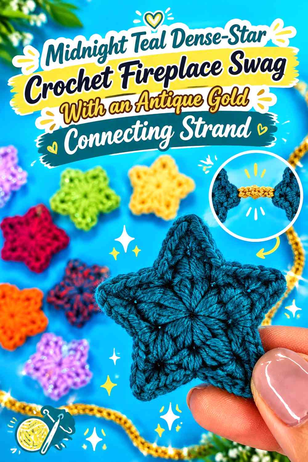 Midnight Teal Dense-Star Crochet Fireplace Swag With an Antique Gold Connecting Strand