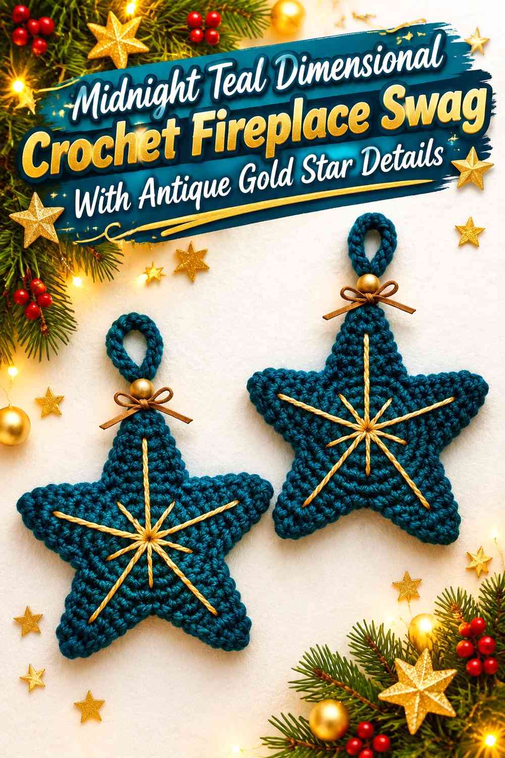 Midnight Teal Dimensional Crochet Fireplace Swag With Antique Gold Star Details