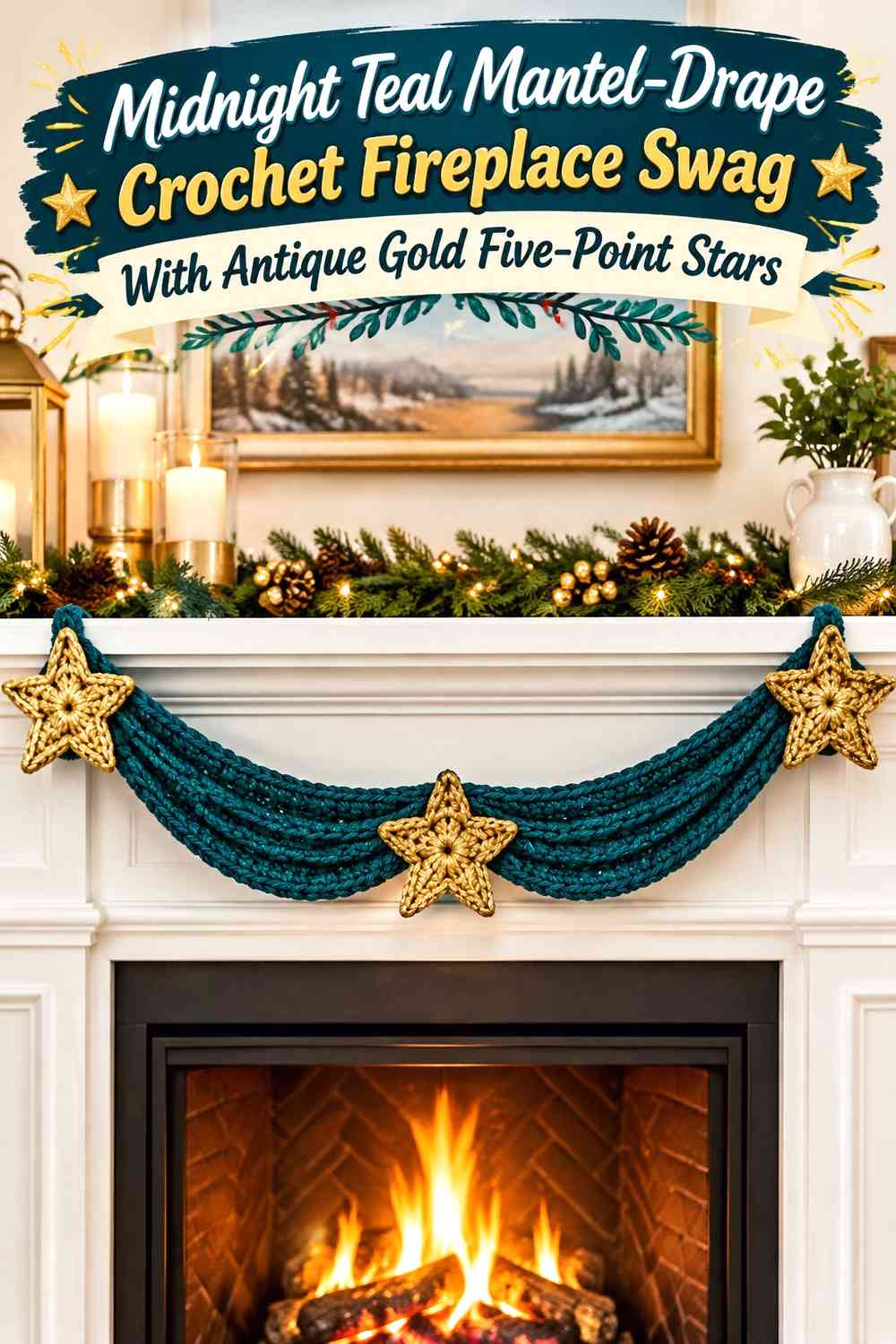Midnight Teal Mantel-Drape Crochet Fireplace Swag With Antique Gold Five-Point Stars