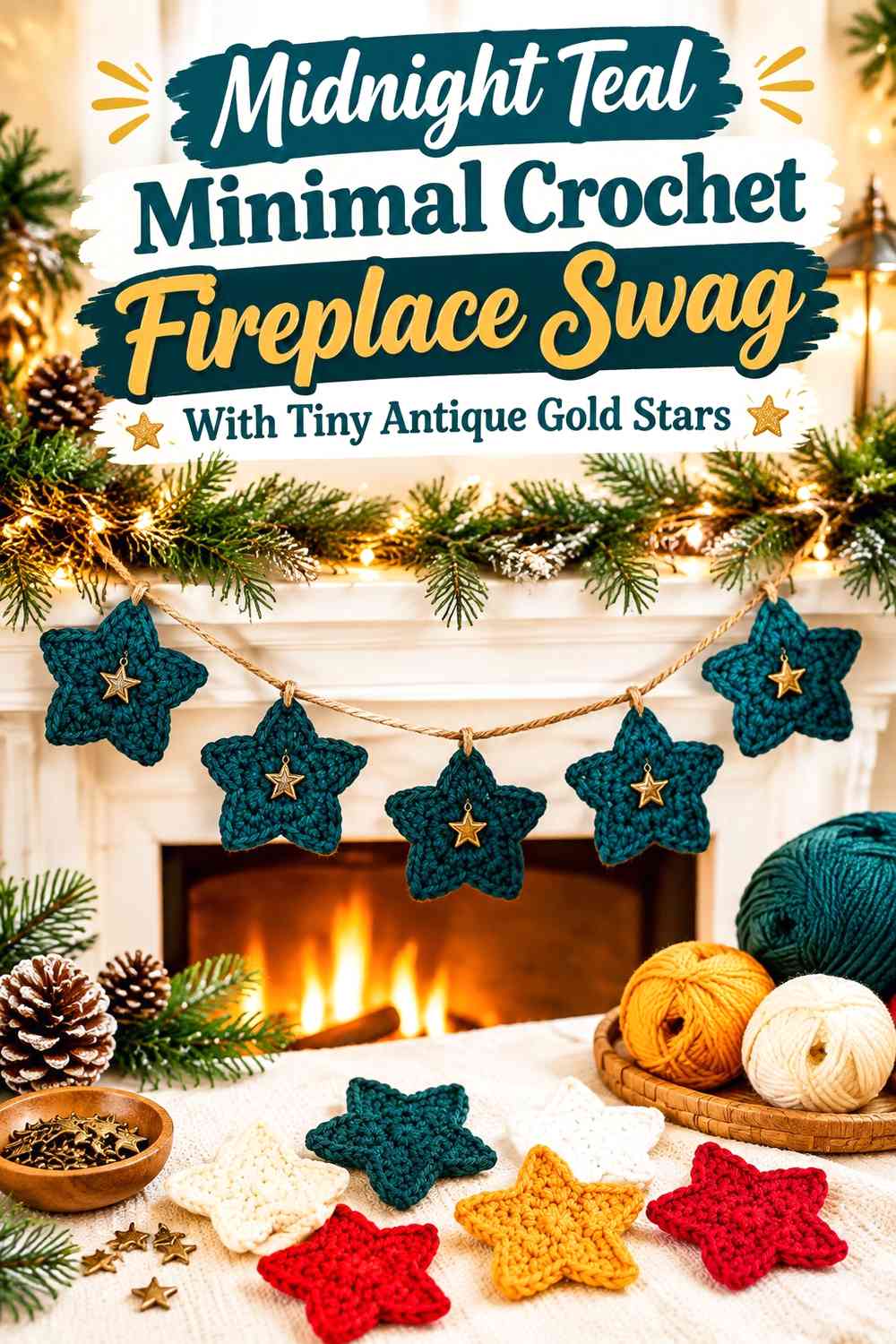 Midnight Teal Minimal Crochet Fireplace Swag With Tiny Antique Gold Stars