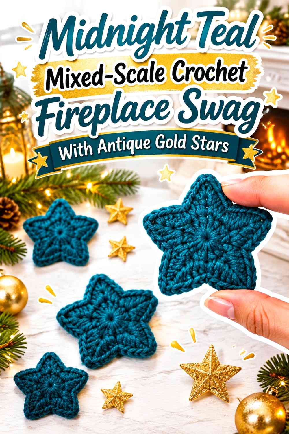 Midnight Teal Mixed-Scale Crochet Fireplace Swag With Antique Gold Stars