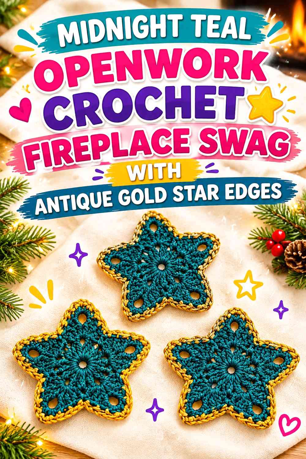 Midnight Teal Openwork Crochet Fireplace Swag With Antique Gold Star Edges