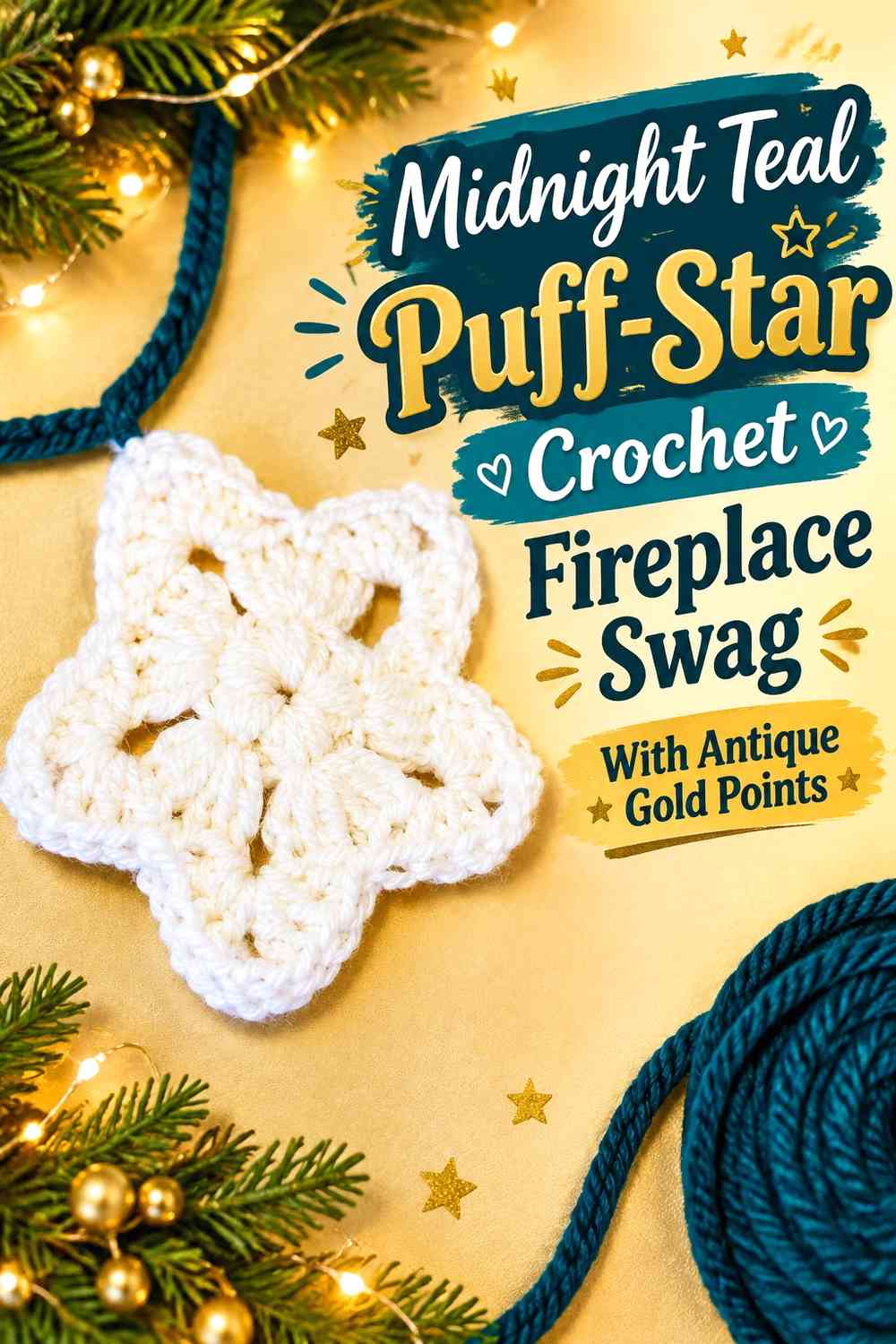 Midnight Teal Puff-Star Crochet Fireplace Swag With Antique Gold Points