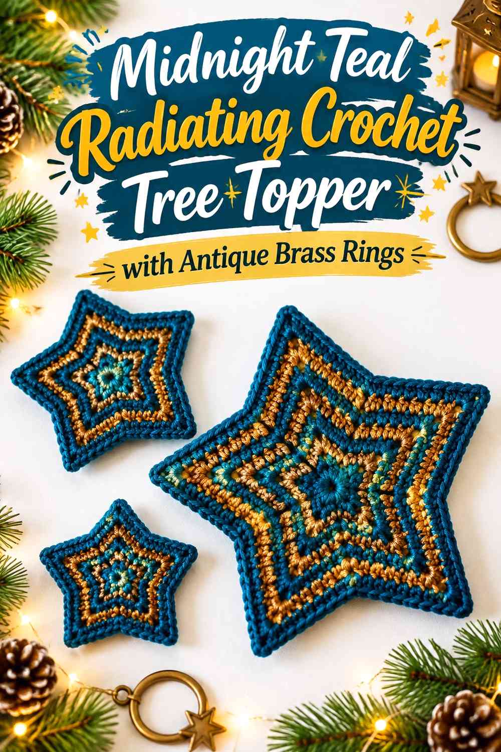 Midnight Teal Radiating Crochet Tree Topper with Antique Brass Rings
