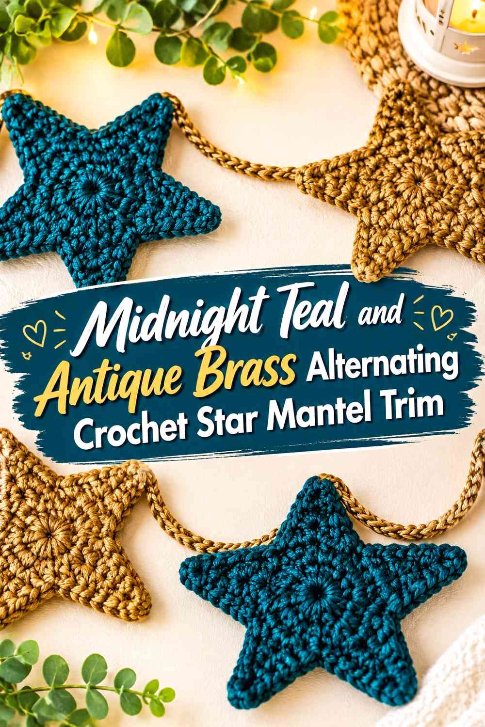 Midnight Teal and Antique Brass Alternating Crochet Star Mantel Trim